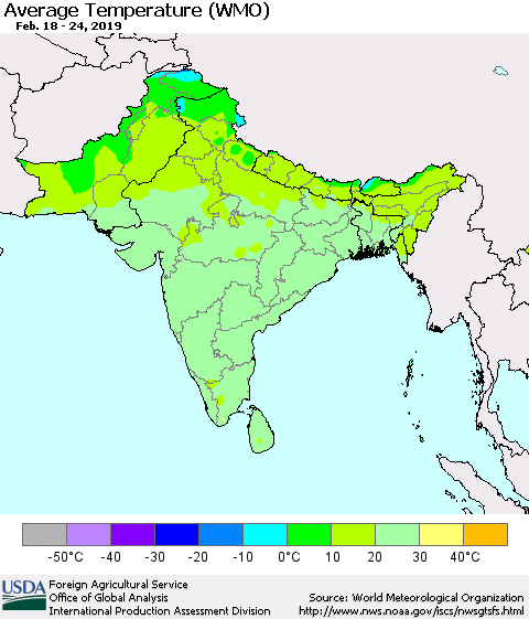Southern Asia Average Temperature (WMO) Thematic Map For 2/18/2019 - 2/24/2019