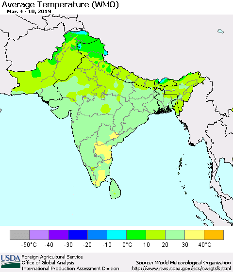 Southern Asia Average Temperature (WMO) Thematic Map For 3/4/2019 - 3/10/2019