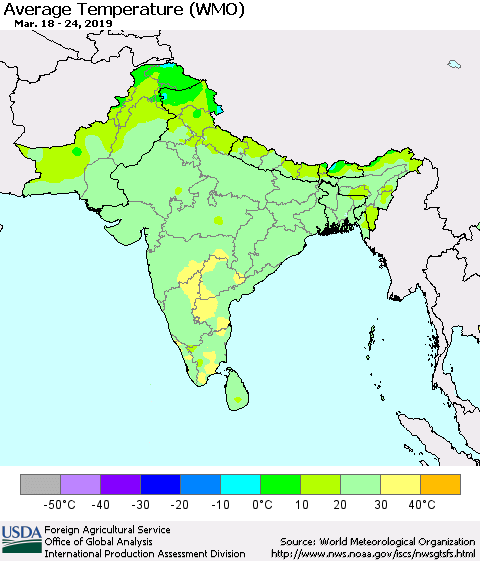 Southern Asia Average Temperature (WMO) Thematic Map For 3/18/2019 - 3/24/2019