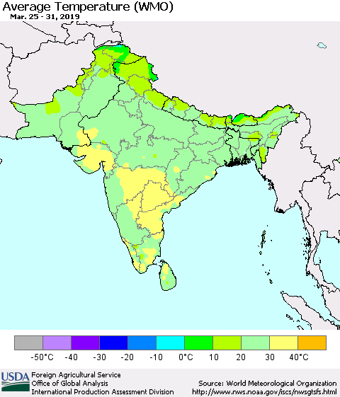 Southern Asia Average Temperature (WMO) Thematic Map For 3/25/2019 - 3/31/2019
