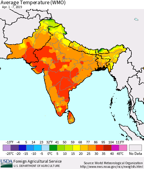 Southern Asia Average Temperature (WMO) Thematic Map For 4/1/2019 - 4/7/2019
