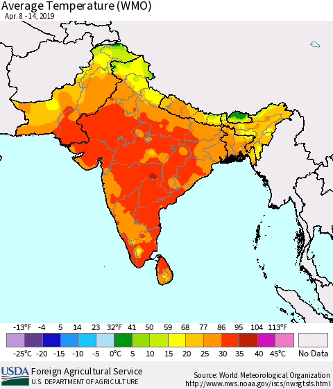 Southern Asia Average Temperature (WMO) Thematic Map For 4/8/2019 - 4/14/2019