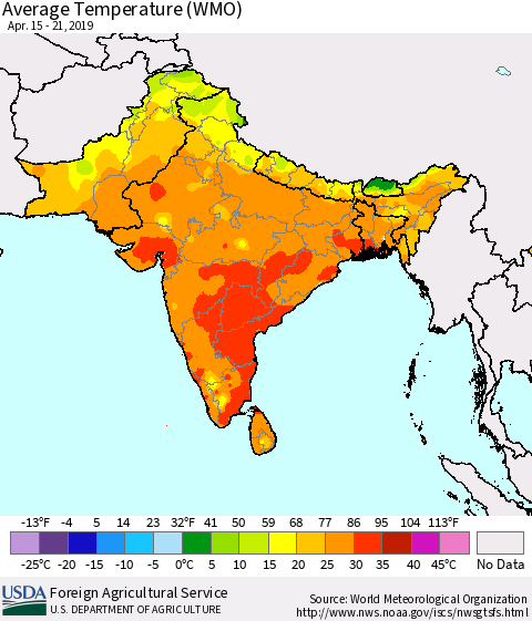 Southern Asia Average Temperature (WMO) Thematic Map For 4/15/2019 - 4/21/2019