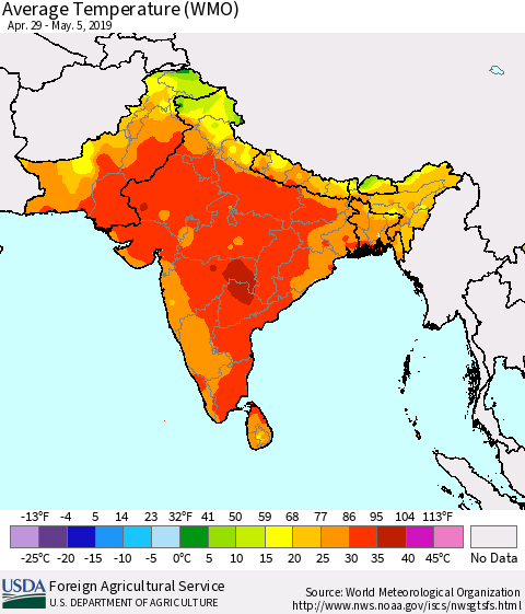Southern Asia Average Temperature (WMO) Thematic Map For 4/29/2019 - 5/5/2019