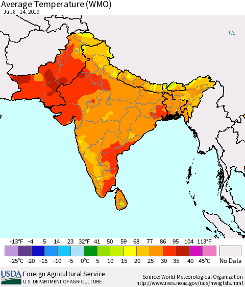 Southern Asia Average Temperature (WMO) Thematic Map For 7/8/2019 - 7/14/2019