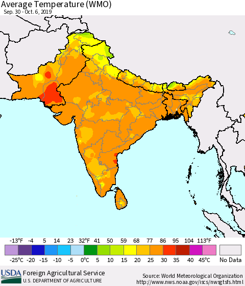 Southern Asia Average Temperature (WMO) Thematic Map For 9/30/2019 - 10/6/2019