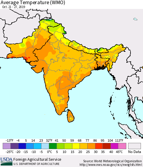 Southern Asia Average Temperature (WMO) Thematic Map For 10/21/2019 - 10/27/2019
