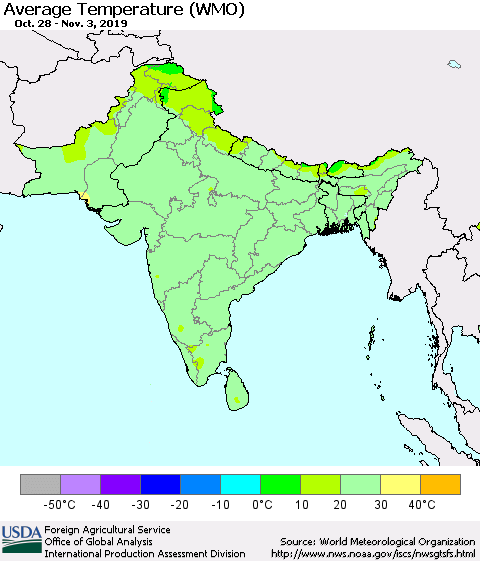 Southern Asia Average Temperature (WMO) Thematic Map For 10/28/2019 - 11/3/2019