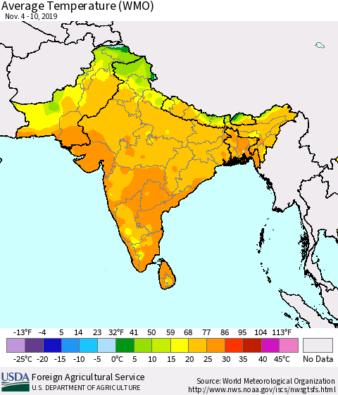 Southern Asia Average Temperature (WMO) Thematic Map For 11/4/2019 - 11/10/2019