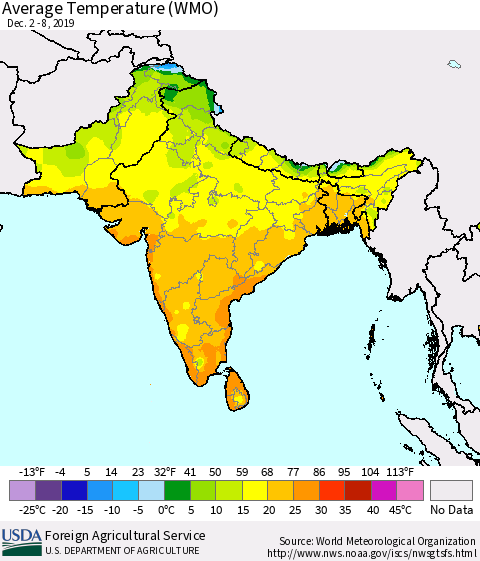 Southern Asia Average Temperature (WMO) Thematic Map For 12/2/2019 - 12/8/2019