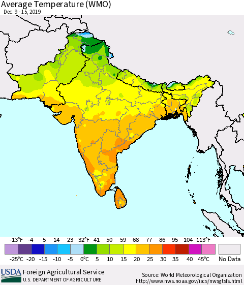 Southern Asia Average Temperature (WMO) Thematic Map For 12/9/2019 - 12/15/2019