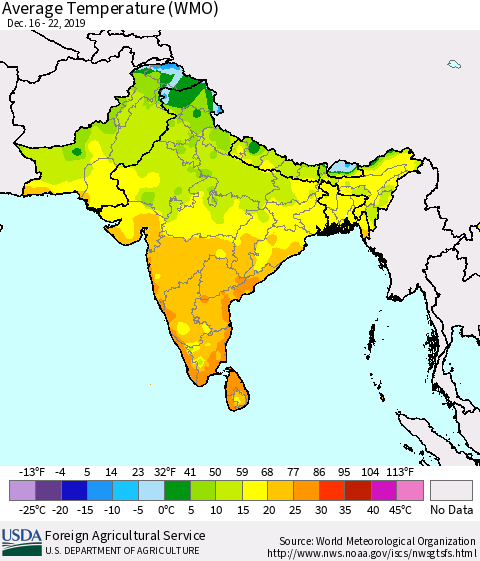 Southern Asia Average Temperature (WMO) Thematic Map For 12/16/2019 - 12/22/2019