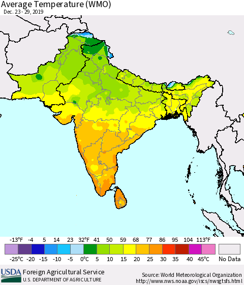 Southern Asia Average Temperature (WMO) Thematic Map For 12/23/2019 - 12/29/2019