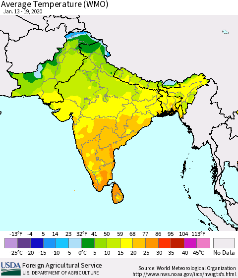 Southern Asia Average Temperature (WMO) Thematic Map For 1/13/2020 - 1/19/2020