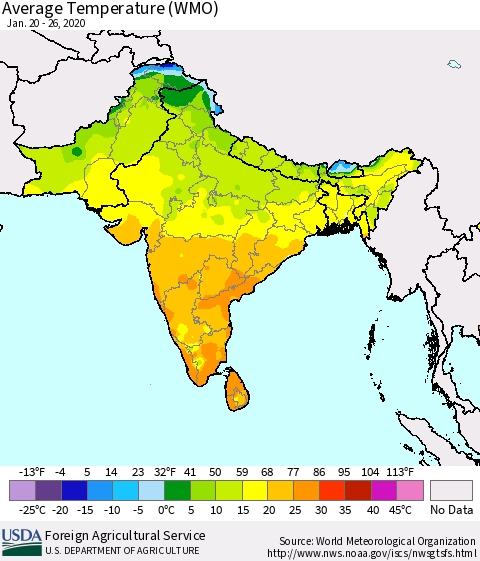Southern Asia Average Temperature (WMO) Thematic Map For 1/20/2020 - 1/26/2020
