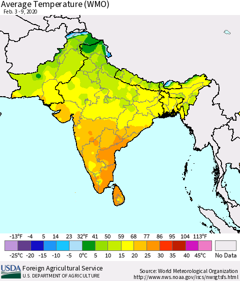 Southern Asia Average Temperature (WMO) Thematic Map For 2/3/2020 - 2/9/2020
