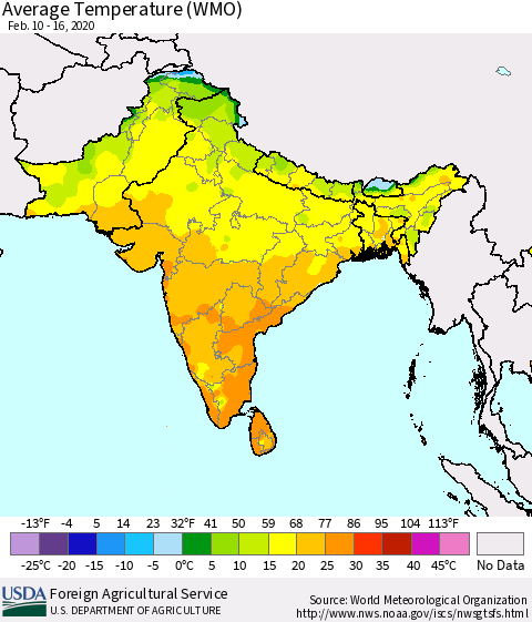 Southern Asia Average Temperature (WMO) Thematic Map For 2/10/2020 - 2/16/2020