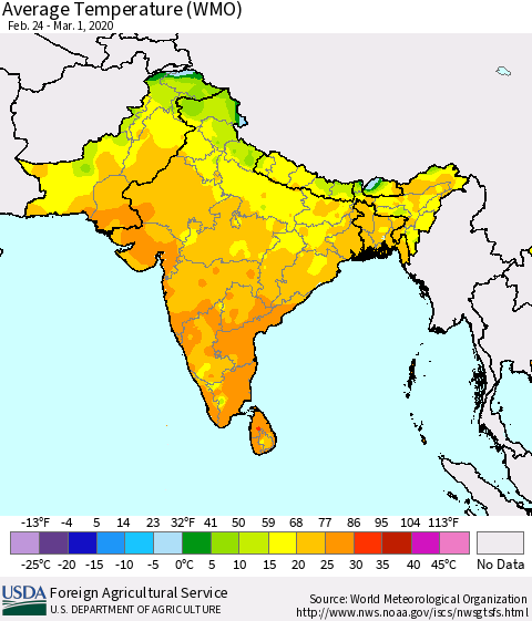 Southern Asia Average Temperature (WMO) Thematic Map For 2/24/2020 - 3/1/2020