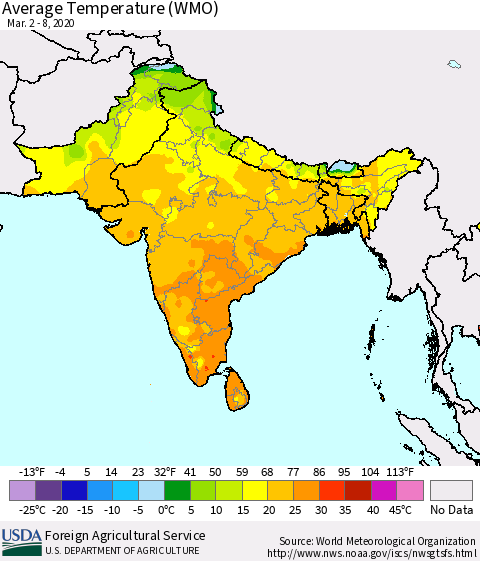 Southern Asia Average Temperature (WMO) Thematic Map For 3/2/2020 - 3/8/2020