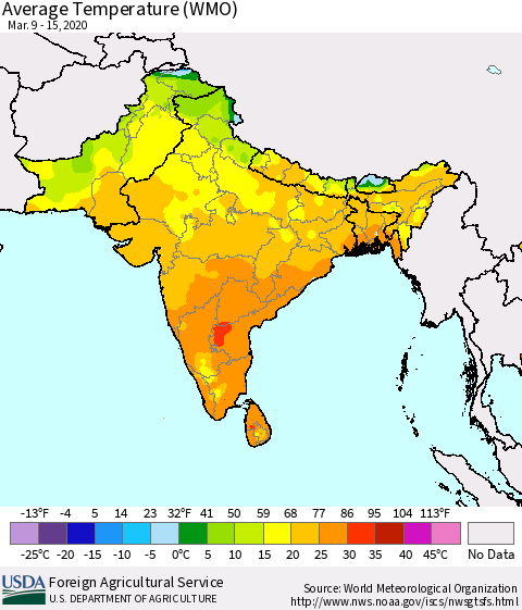 Southern Asia Average Temperature (WMO) Thematic Map For 3/9/2020 - 3/15/2020