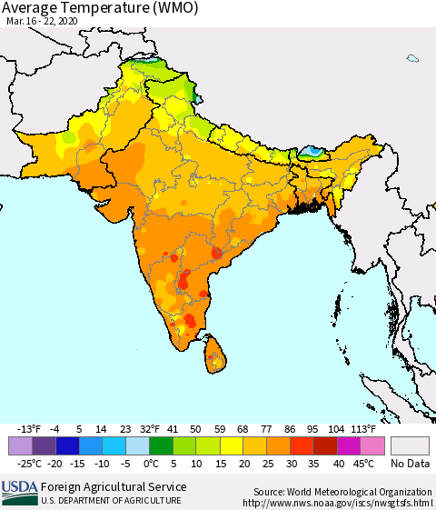 Southern Asia Average Temperature (WMO) Thematic Map For 3/16/2020 - 3/22/2020