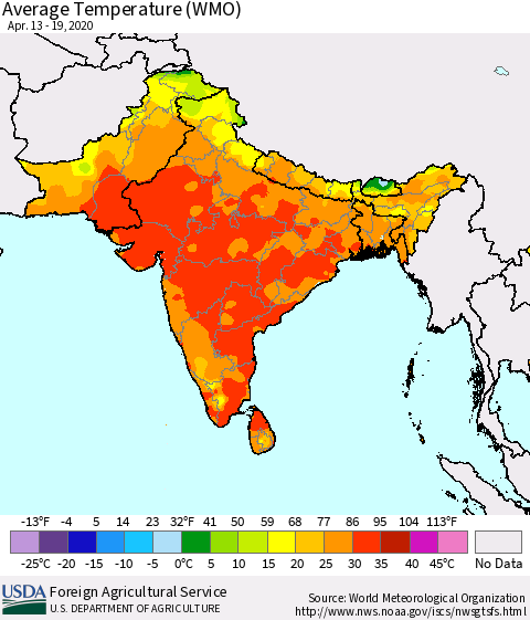 Southern Asia Average Temperature (WMO) Thematic Map For 4/13/2020 - 4/19/2020