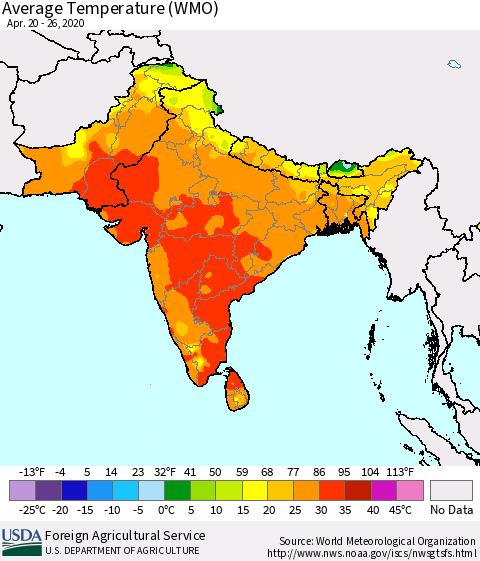 Southern Asia Average Temperature (WMO) Thematic Map For 4/20/2020 - 4/26/2020
