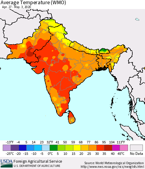 Southern Asia Average Temperature (WMO) Thematic Map For 4/27/2020 - 5/3/2020