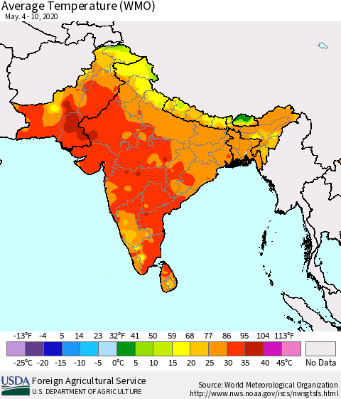 Southern Asia Average Temperature (WMO) Thematic Map For 5/4/2020 - 5/10/2020
