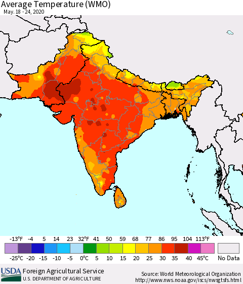 Southern Asia Average Temperature (WMO) Thematic Map For 5/18/2020 - 5/24/2020