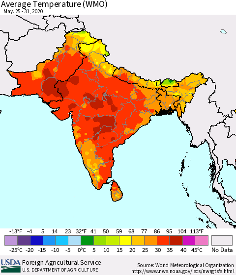 Southern Asia Average Temperature (WMO) Thematic Map For 5/25/2020 - 5/31/2020