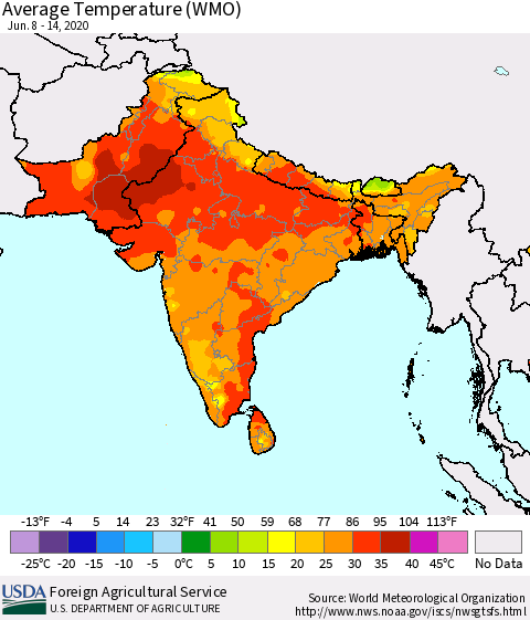Southern Asia Average Temperature (WMO) Thematic Map For 6/8/2020 - 6/14/2020