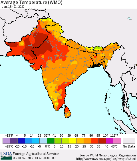Southern Asia Average Temperature (WMO) Thematic Map For 6/15/2020 - 6/21/2020