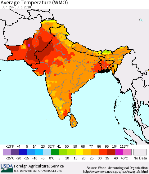 Southern Asia Average Temperature (WMO) Thematic Map For 6/29/2020 - 7/5/2020
