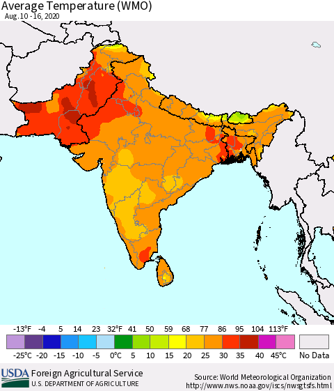 Southern Asia Average Temperature (WMO) Thematic Map For 8/10/2020 - 8/16/2020