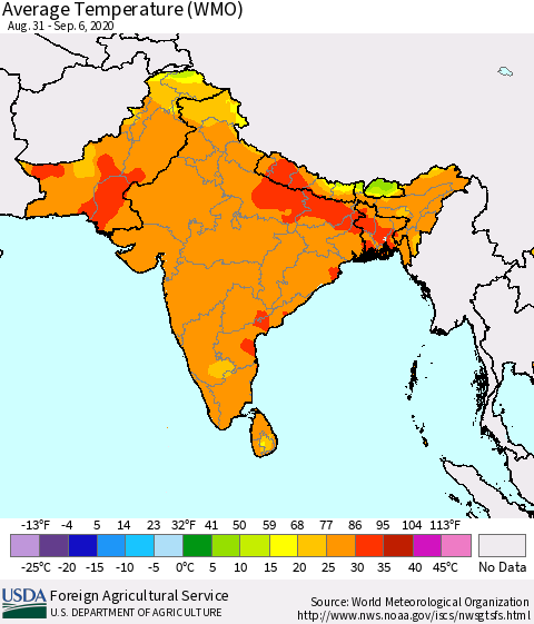 Southern Asia Average Temperature (WMO) Thematic Map For 8/31/2020 - 9/6/2020