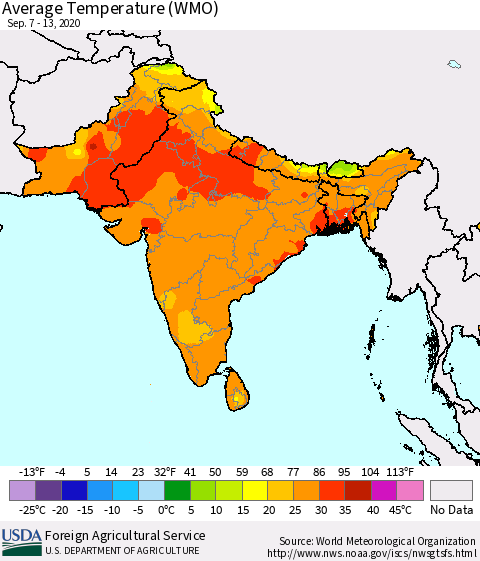 Southern Asia Average Temperature (WMO) Thematic Map For 9/7/2020 - 9/13/2020
