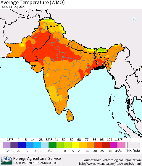 Southern Asia Average Temperature (WMO) Thematic Map For 9/14/2020 - 9/20/2020