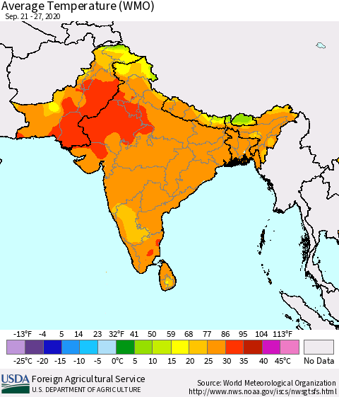 Southern Asia Average Temperature (WMO) Thematic Map For 9/21/2020 - 9/27/2020