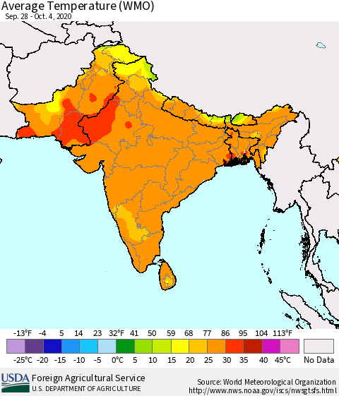 Southern Asia Average Temperature (WMO) Thematic Map For 9/28/2020 - 10/4/2020