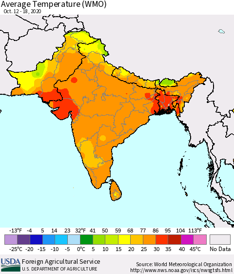 Southern Asia Average Temperature (WMO) Thematic Map For 10/12/2020 - 10/18/2020