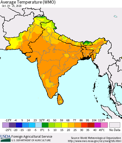 Southern Asia Average Temperature (WMO) Thematic Map For 10/19/2020 - 10/25/2020