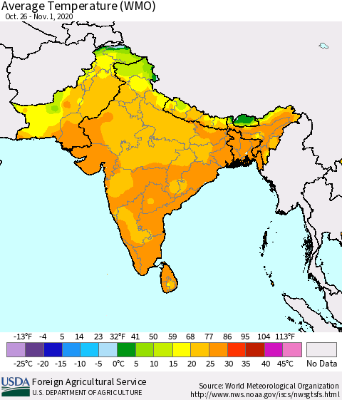Southern Asia Average Temperature (WMO) Thematic Map For 10/26/2020 - 11/1/2020