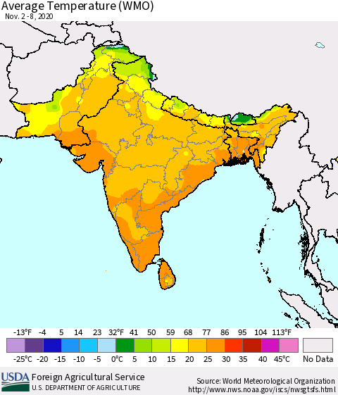 Southern Asia Average Temperature (WMO) Thematic Map For 11/2/2020 - 11/8/2020