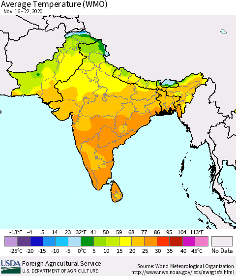 Southern Asia Average Temperature (WMO) Thematic Map For 11/16/2020 - 11/22/2020