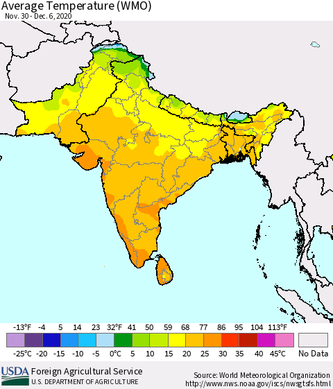 Southern Asia Average Temperature (WMO) Thematic Map For 11/30/2020 - 12/6/2020