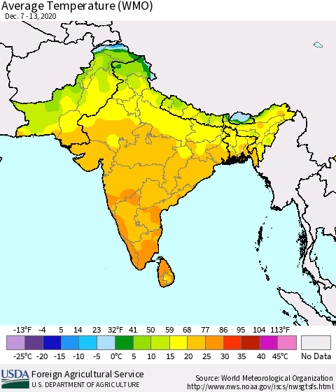Southern Asia Average Temperature (WMO) Thematic Map For 12/7/2020 - 12/13/2020