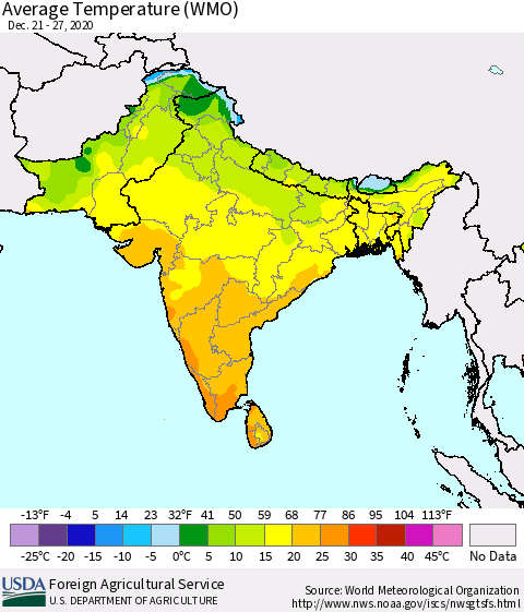 Southern Asia Average Temperature (WMO) Thematic Map For 12/21/2020 - 12/27/2020