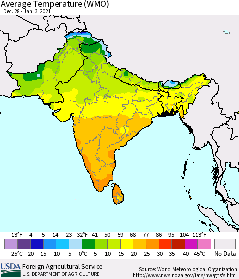 Southern Asia Average Temperature (WMO) Thematic Map For 12/28/2020 - 1/3/2021