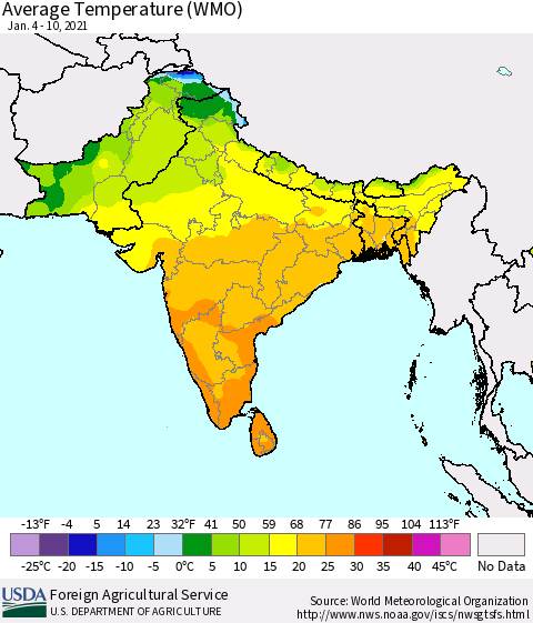 Southern Asia Average Temperature (WMO) Thematic Map For 1/4/2021 - 1/10/2021